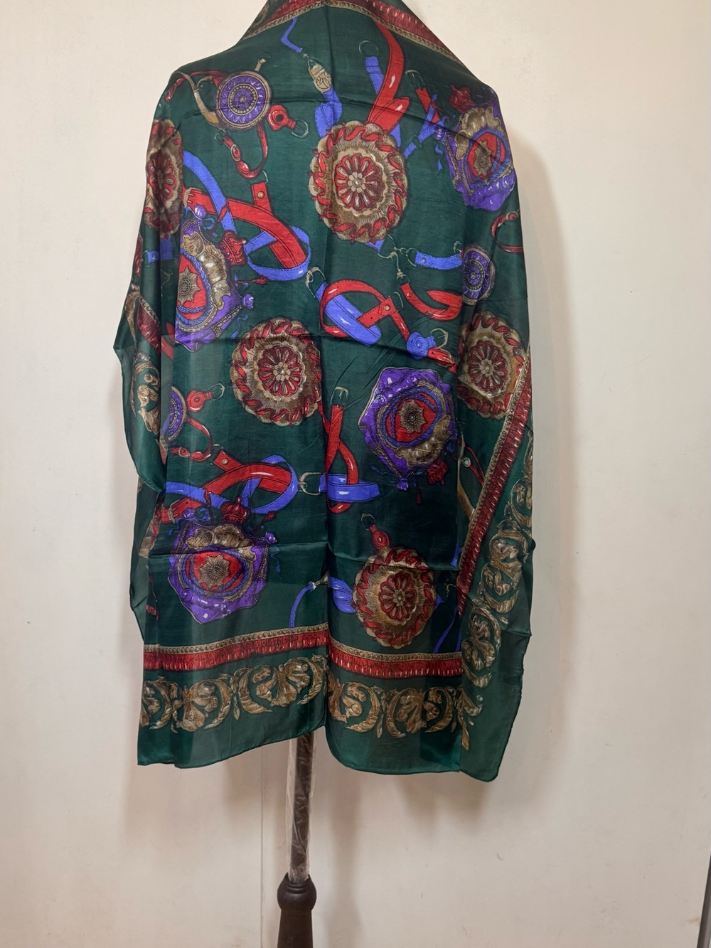 Green Silk Medallion Print Scarf with Red & Purple Accents - Picture 2 of 3